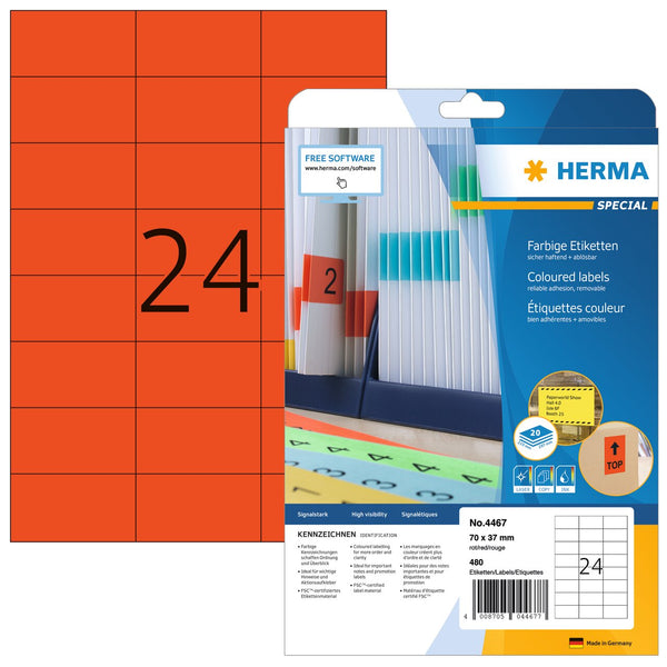 Red labels, 70 x 37mm, Paper, Removable adhesive, A4 [480 labels]
