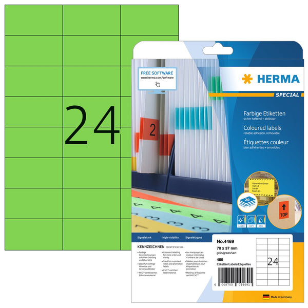 Green labels, 70 x 37mm, Paper, Removable adhesive, A4 [480 labels]