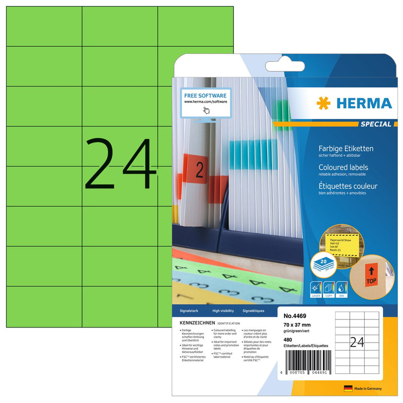 Green labels, 70 x 37mm, Paper, Removable adhesive, A4 [480 labels]