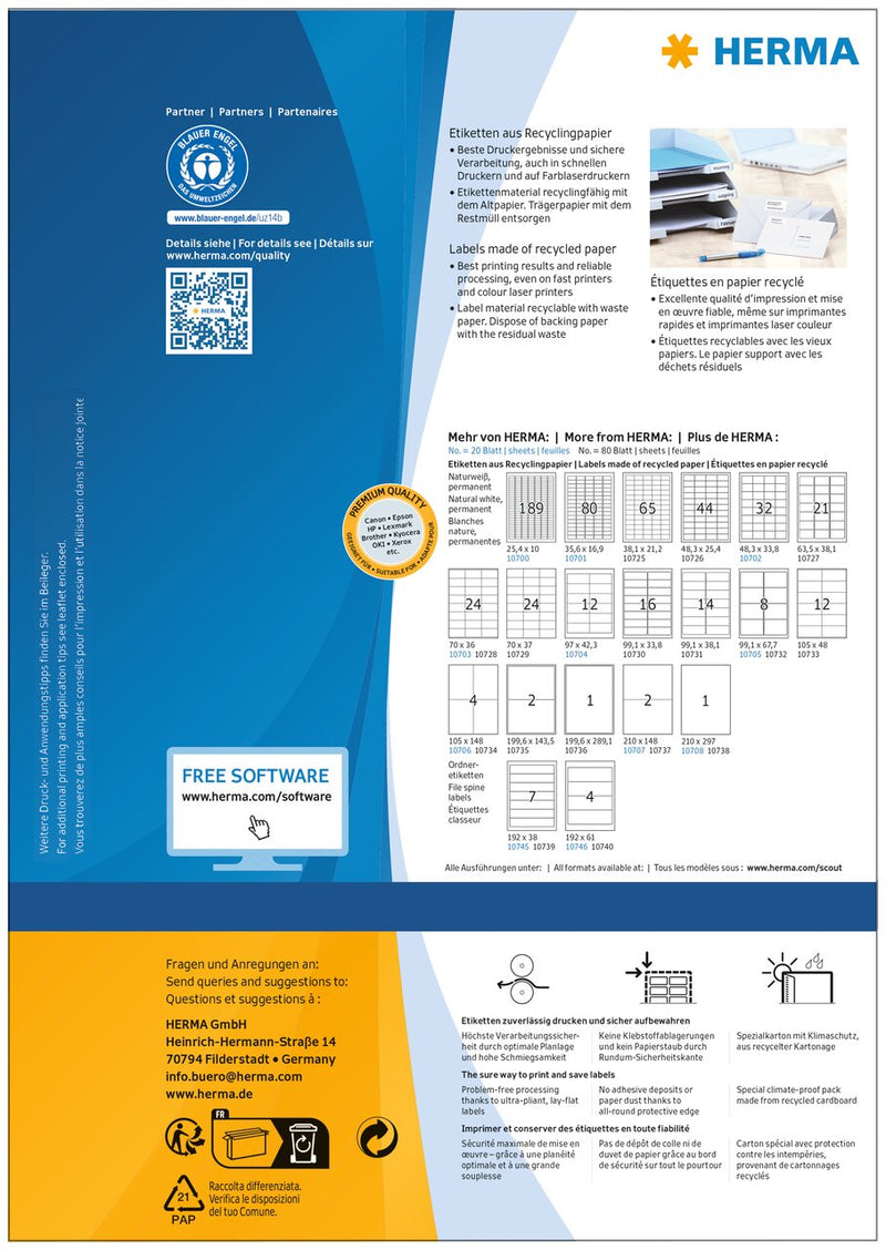 Address labels,  70 x 36mm, Recyclable paper, Permanent adhesive, A4 [1920 labels]