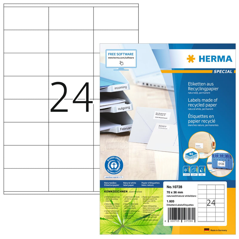 Address labels,  70 x 36mm, Recyclable paper, Permanent adhesive, A4 [1920 labels]