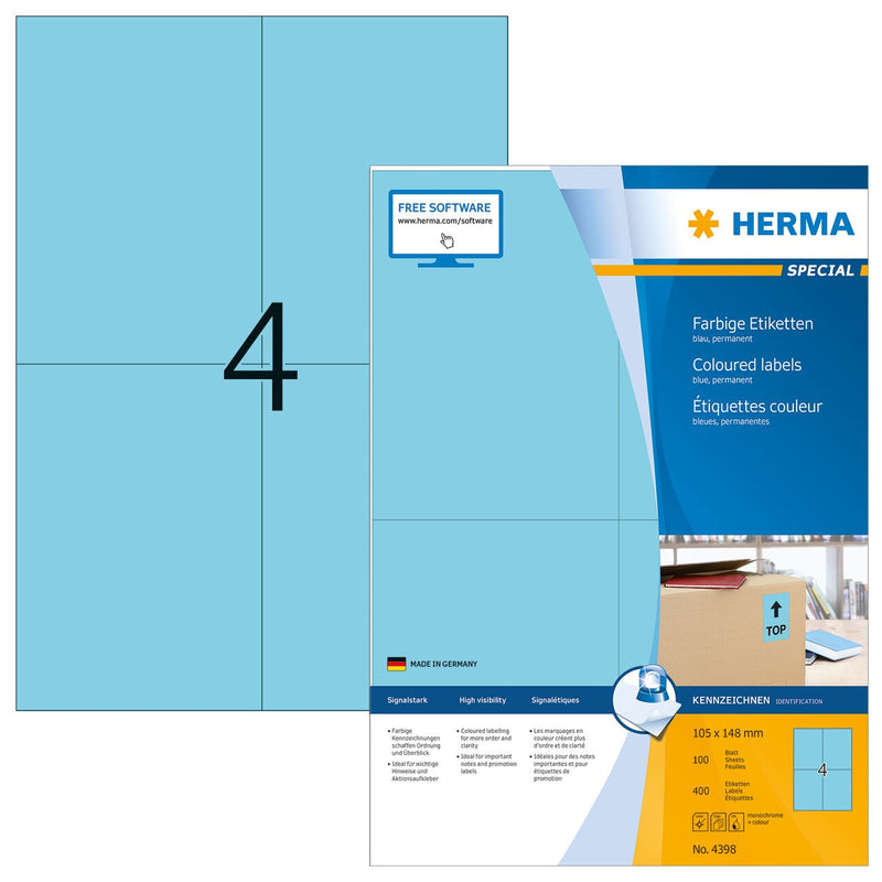 Blue labels, 105 x 148mm, Paper, Permanent adhesive, A4 [400 labels]