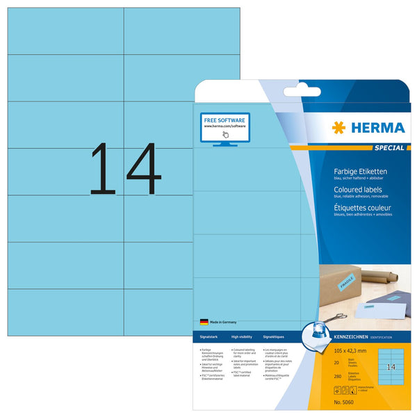 Blue labels, 105 x 42mm, Paper, Removable adhesive, A4 [280 labels