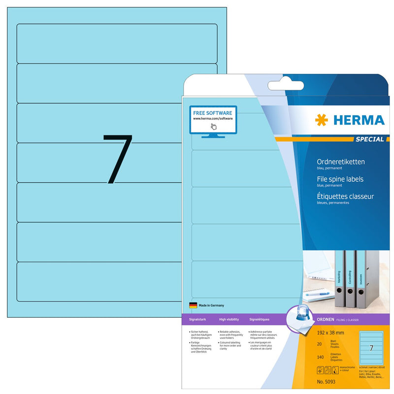 File labels, Blue, 192 x 38mm, for narrow files (short), A4 [140 labels]