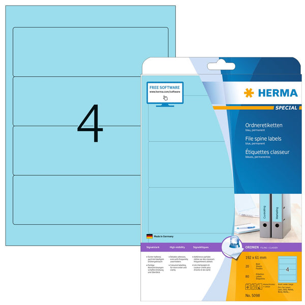 File labels, Blue, 192 x 61mm, for wide files (short), A4 [80 labels]