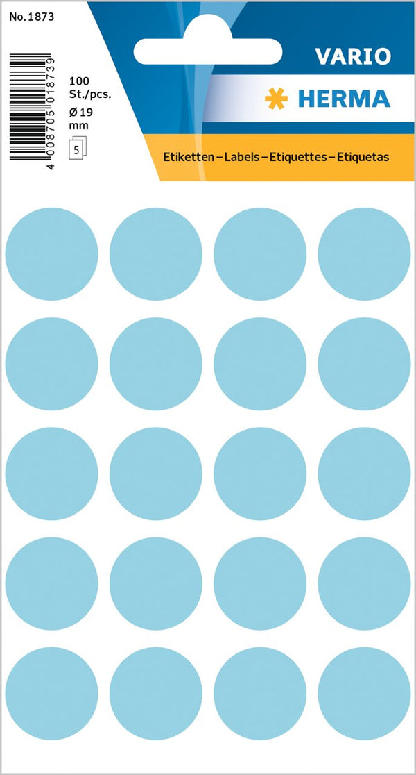 Stickers, Blue coloured dots, 19mm diameter, Paper, Permanent adhesive [100 labels]