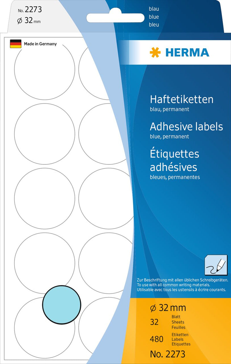 Stickers, Blue coloured dots, 32mm diameter, Paper, Permanent adhesive [480 labels]