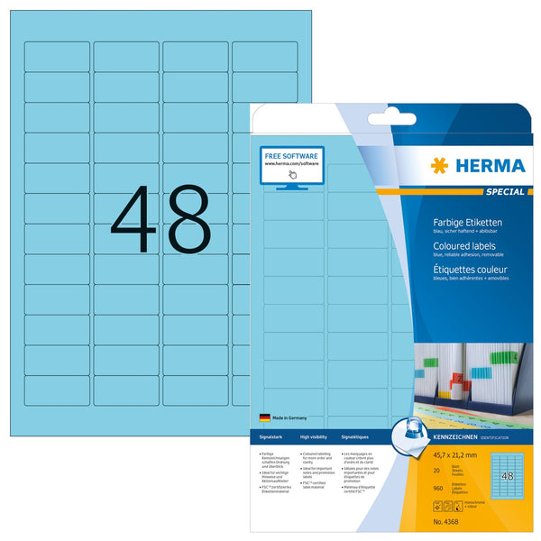 Blue labels, 46 x 21mm, Paper, Removable adhesive, A4 [960 labels]