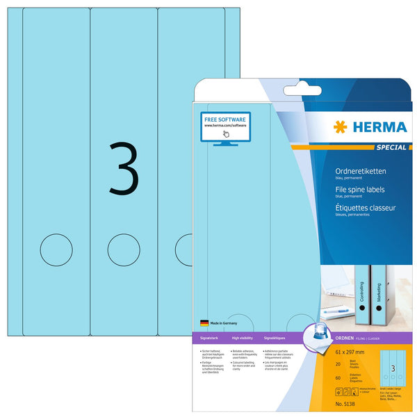 File labels, Blue, 61 x 297mm, for wide files (long), A4 [60 labels]