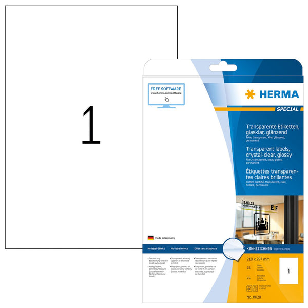 Clear labels, 210 x 297mm, Crystal clear polyester, Permanent adhesive, A4 [25 labels]