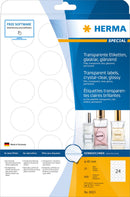 Clear labels, 40mm diameter, Crystal clear polyester, Permanent adhesive, A4 [600 labels]