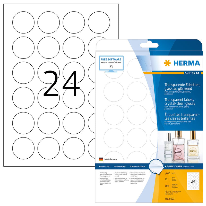 Clear labels, 40mm diameter, Crystal clear polyester, Permanent adhesive, A4 [600 labels]
