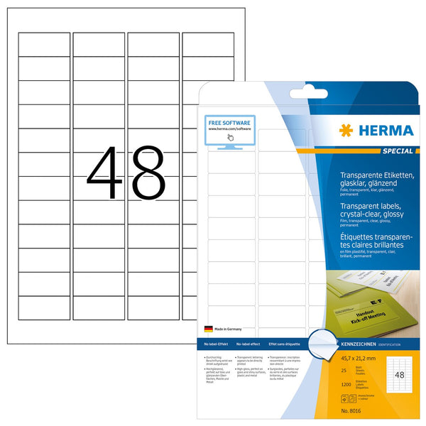 Clear labels, 46 x 21mm, Crystal clear polyester, Permanent adhesive, A4 [1200 labels]