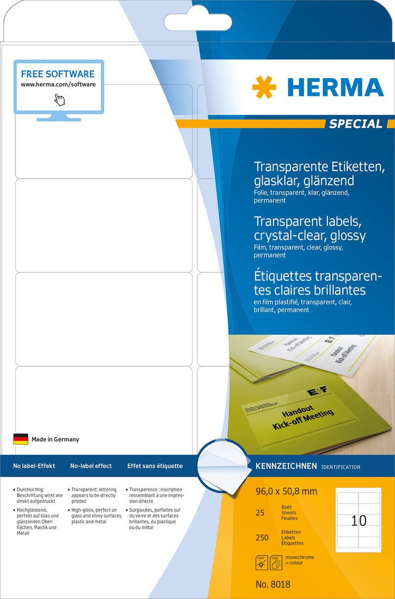 Clear labels, 96 x 51mm, Crystal clear polyester, Permanent adhesive, A4 [250 labels]