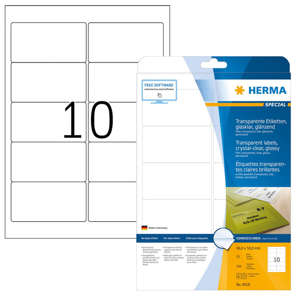 Clear labels, 96 x 51mm, Crystal clear polyester, Permanent adhesive, A4 [250 labels]
