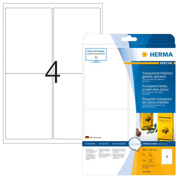 Clear labels, 99 x 139mm, Crystal clear polyester, Permanent adhesive, A4 [100 labels]