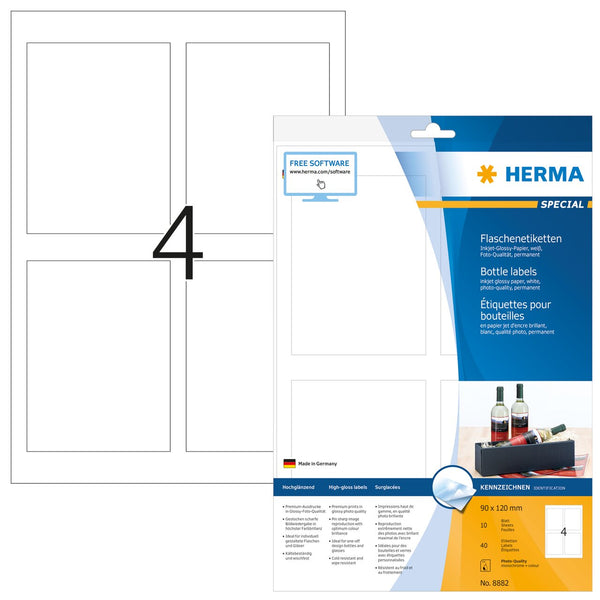 Bottle labels, 90 x 120 mm, Inkjet gloss paper, white, permanent adhesive, A4 [40 labels]