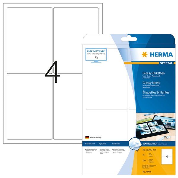 Gloss labels, 96 x 140mm, White, Paper for Toner printers, Permanent adhesive, A4 [100 labels]