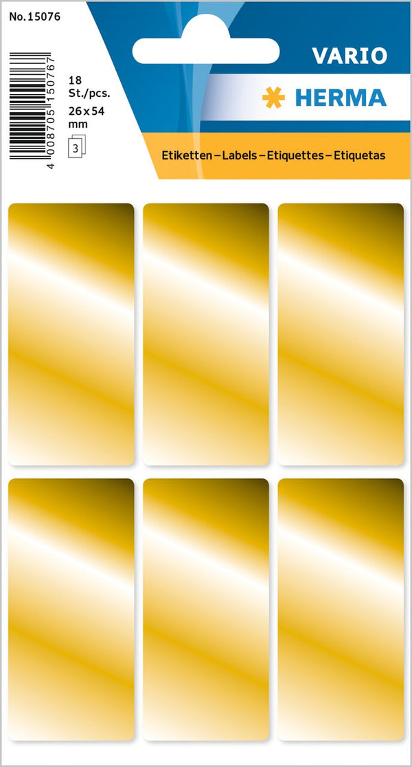 Stickers, Gold, 26 x 54mm, Paper, Permanent adhesive, Rectangles [18 labels]