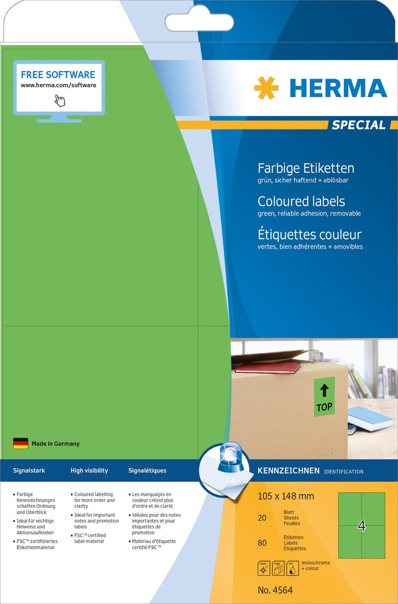 Green labels, 105 x 148mm, Paper, Removable adhesive, A4 [80 labels]