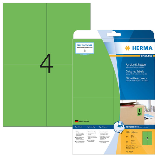 Green labels, 105 x 148mm, Paper, Removable adhesive, A4 [80 labels]