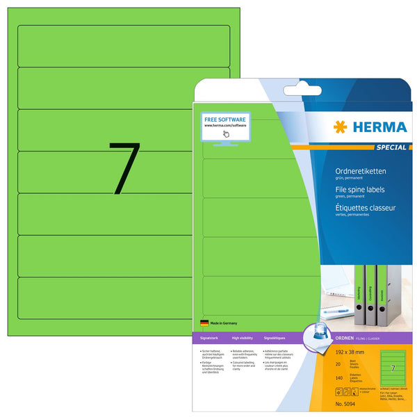 File labels, Green, 192 x 38mm, for narrow files (short), A4 [140 labels]