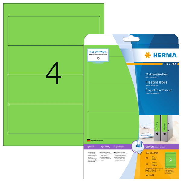 File labels, Green, 192 x 61mm, for wide files (short), A4 [80 labels]