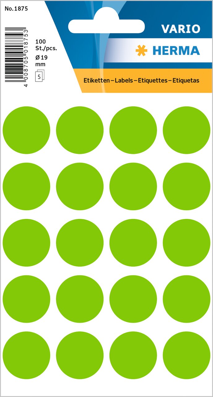 Stickers, Green coloured dots, 19mm diameter, Paper, Permanent adhesive [100 labels]