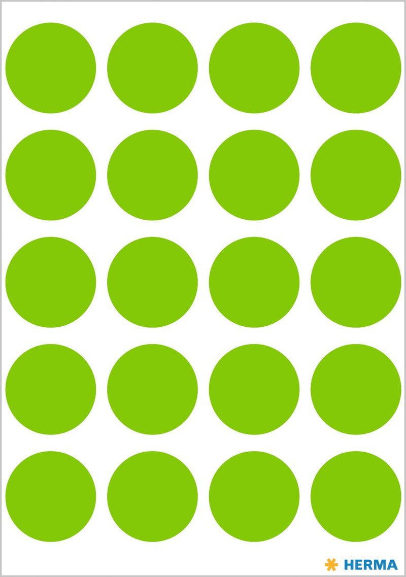Stickers, Green coloured dots, 19mm diameter, Paper, Permanent adhesive [100 labels]