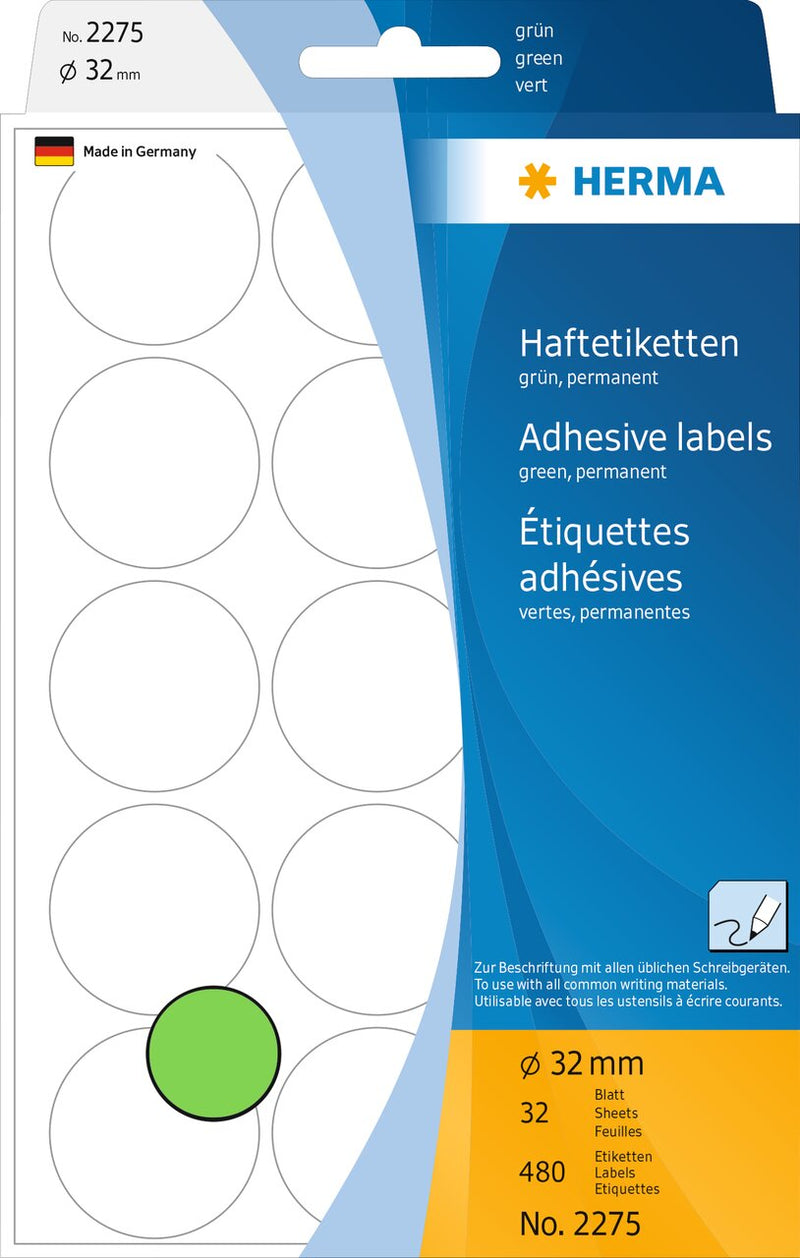 Stickers, Green coloured dots, 32mm diameter, Paper, Permanent adhesive [480 labels]