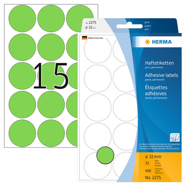 Stickers, Green coloured dots, 32mm diameter, Paper, Permanent adhesive [480 labels]