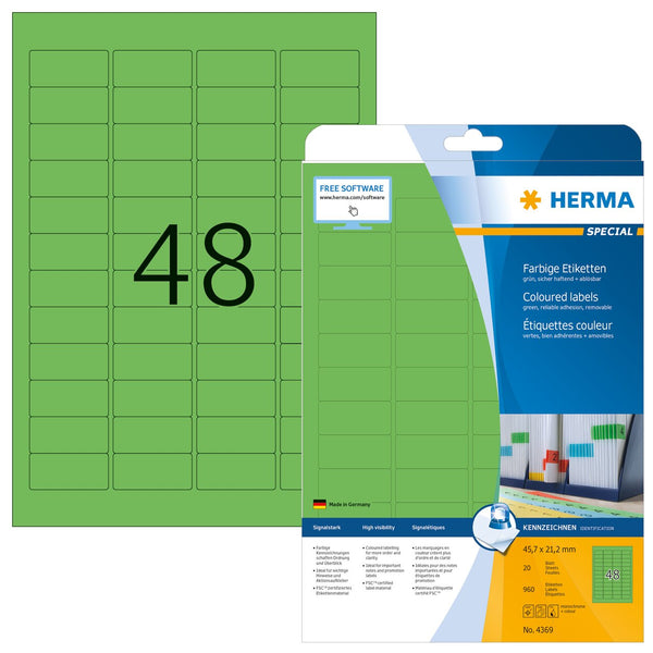 Green labels, 46 x 21mm, Paper, Removable adhesive, A4 [960 labels]