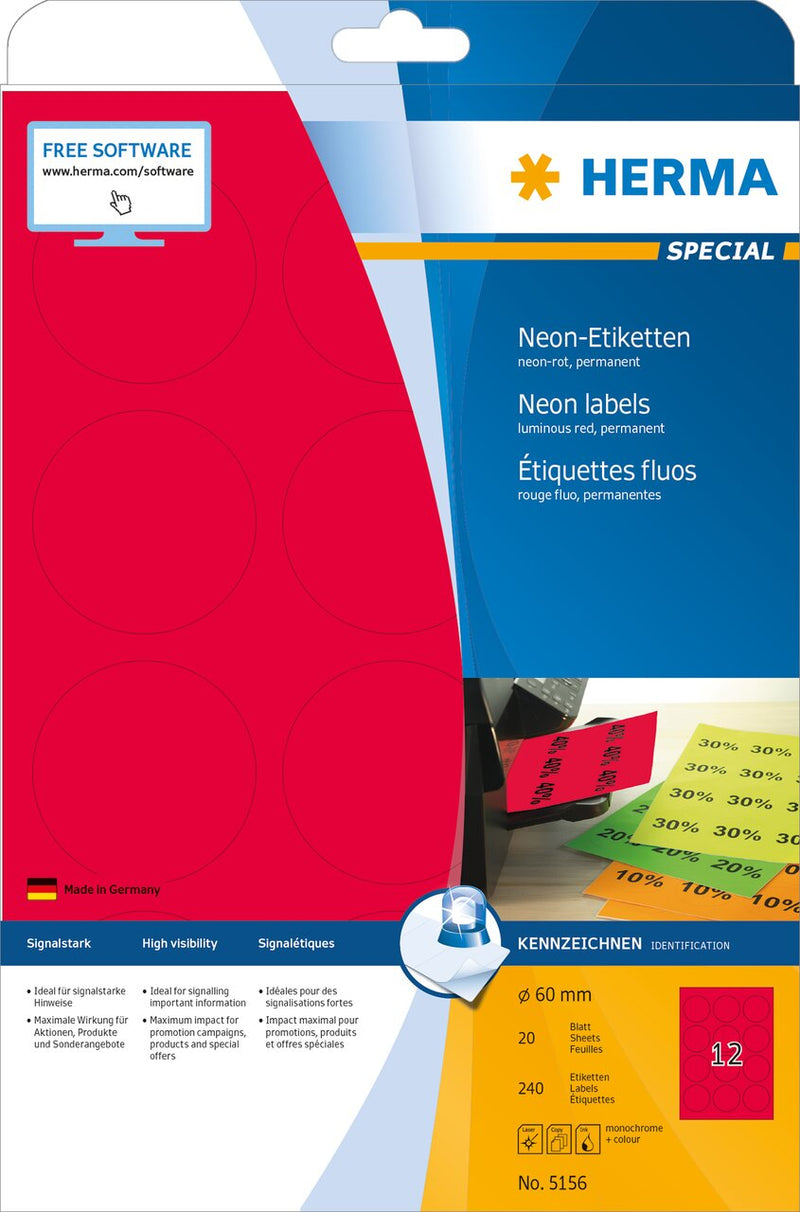 Neon Labels, Red, 60mm diameter, Paper, Permanent adhesive, A4 [240 labels]