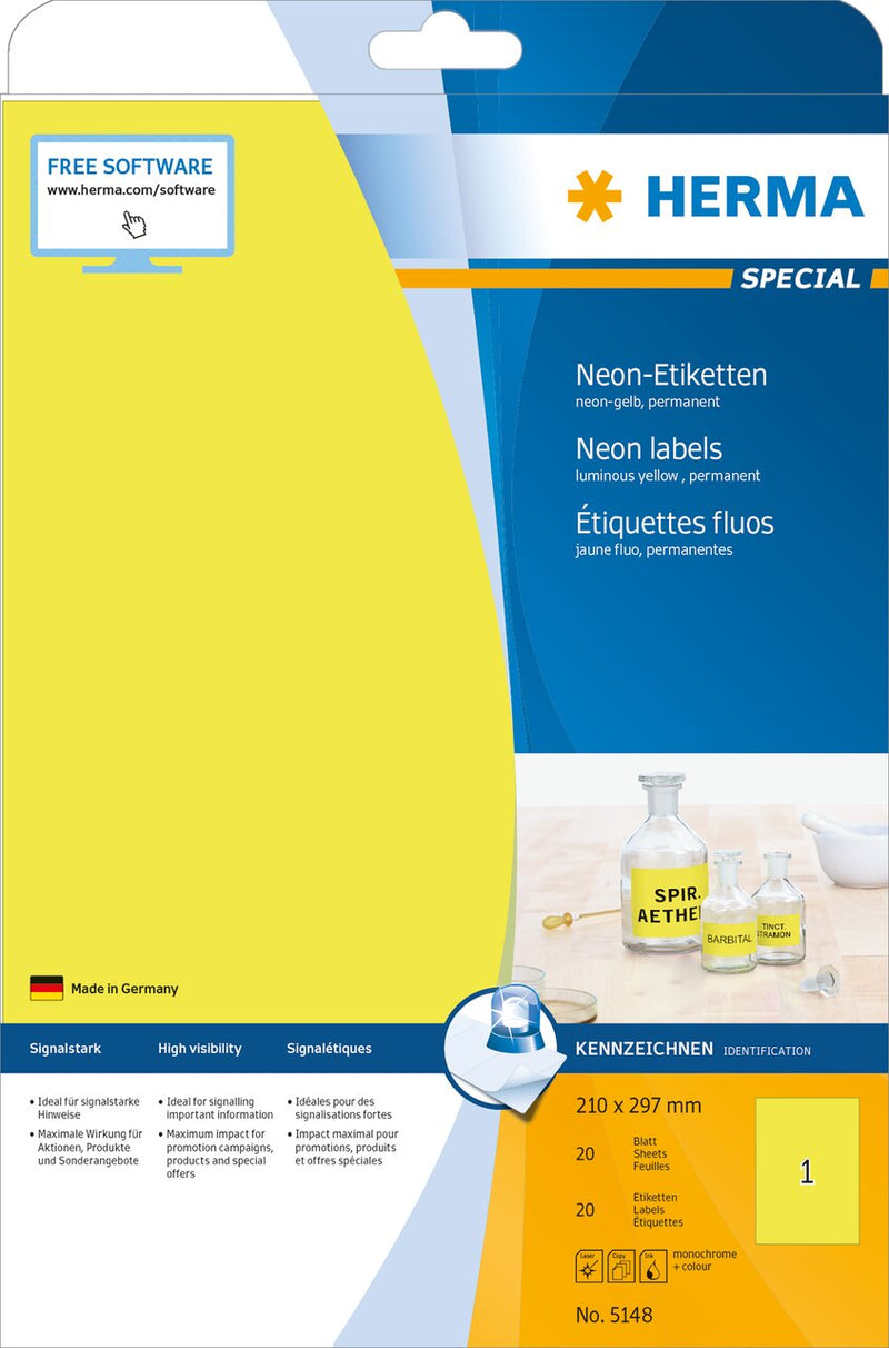 Neon Labels, Yellow, 210 x 297mm, Paper, Permanent adhesive, A4 [20 labels]