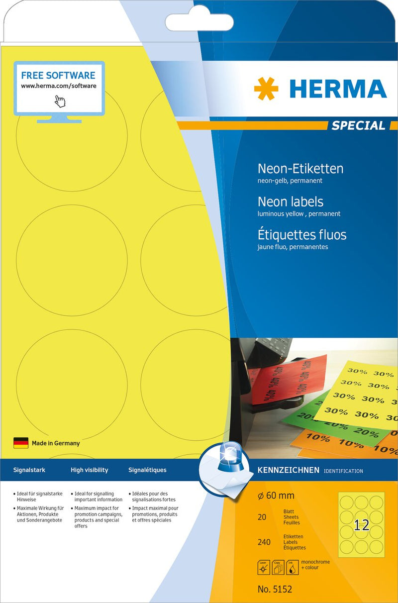 Neon Labels, Yellow, 60mm diameter, Paper, Permanent adhesive, A4 [240 labels]