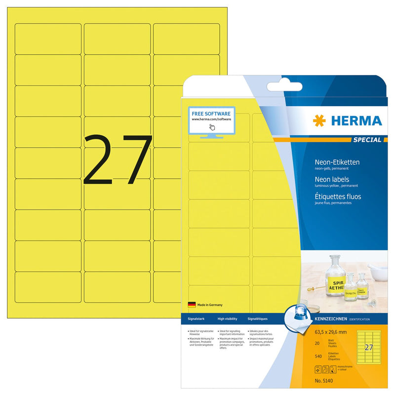 HERMA Self-Adhesive Neon Red Labels - 63.5 X 29.6 Mm, 27 Labels Per A4 Sheet, 540 Total For Laser/Inkjet Printers