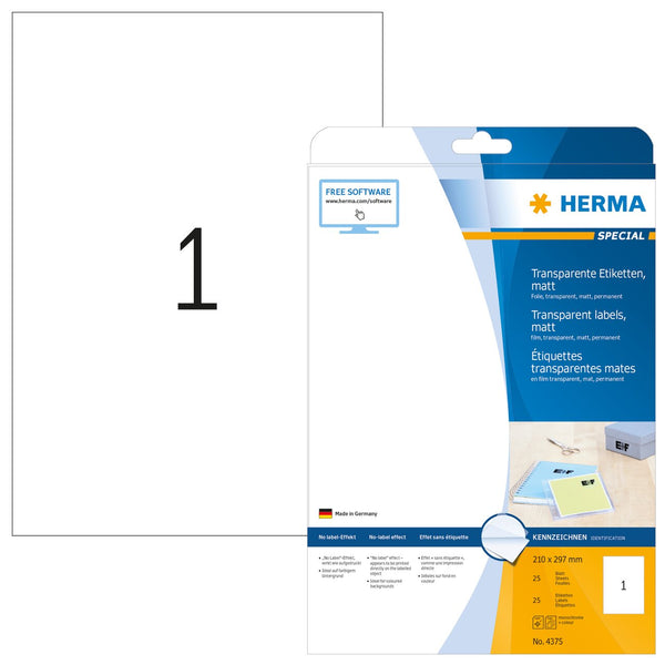 Clear labels, 210 x 297mm, Matt polyester, Permanent adhesive, A4 [25 labels]