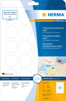 Clear labels, 40mm diameter, Matt polyester, Permanent adhesive, A4 [600 labels]