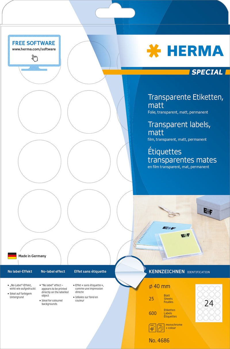 Clear labels, 40mm diameter, Matt polyester, Permanent adhesive, A4 [600 labels]