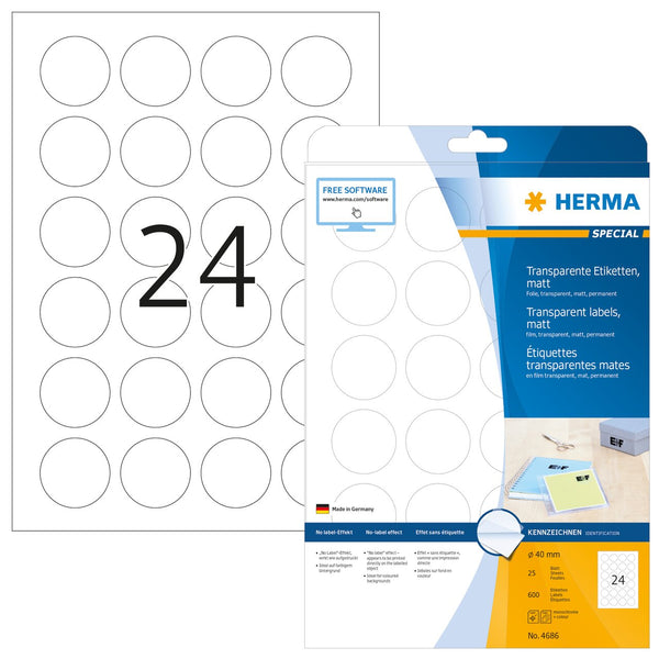 Clear labels, 40mm diameter, Matt polyester, Permanent adhesive, A4 [600 labels]
