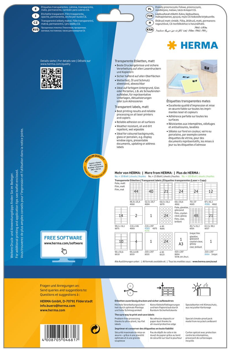 Clear labels, 66 x 34mm, Matt polyester, Permanent adhesive, A4 [600 labels]
