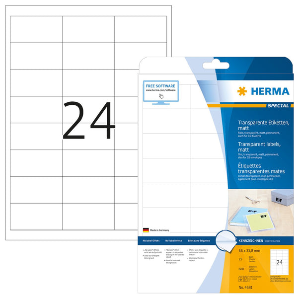 Clear labels, 66 x 34mm, Matt polyester, Permanent adhesive, A4 [600 labels]