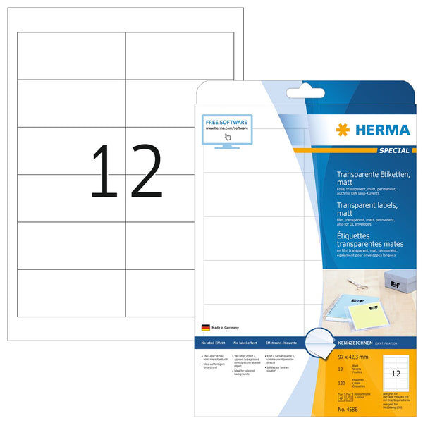Clear labels, 97 x 42mm, Matt polyester, Permanent adhesive, A4 [120 labels]