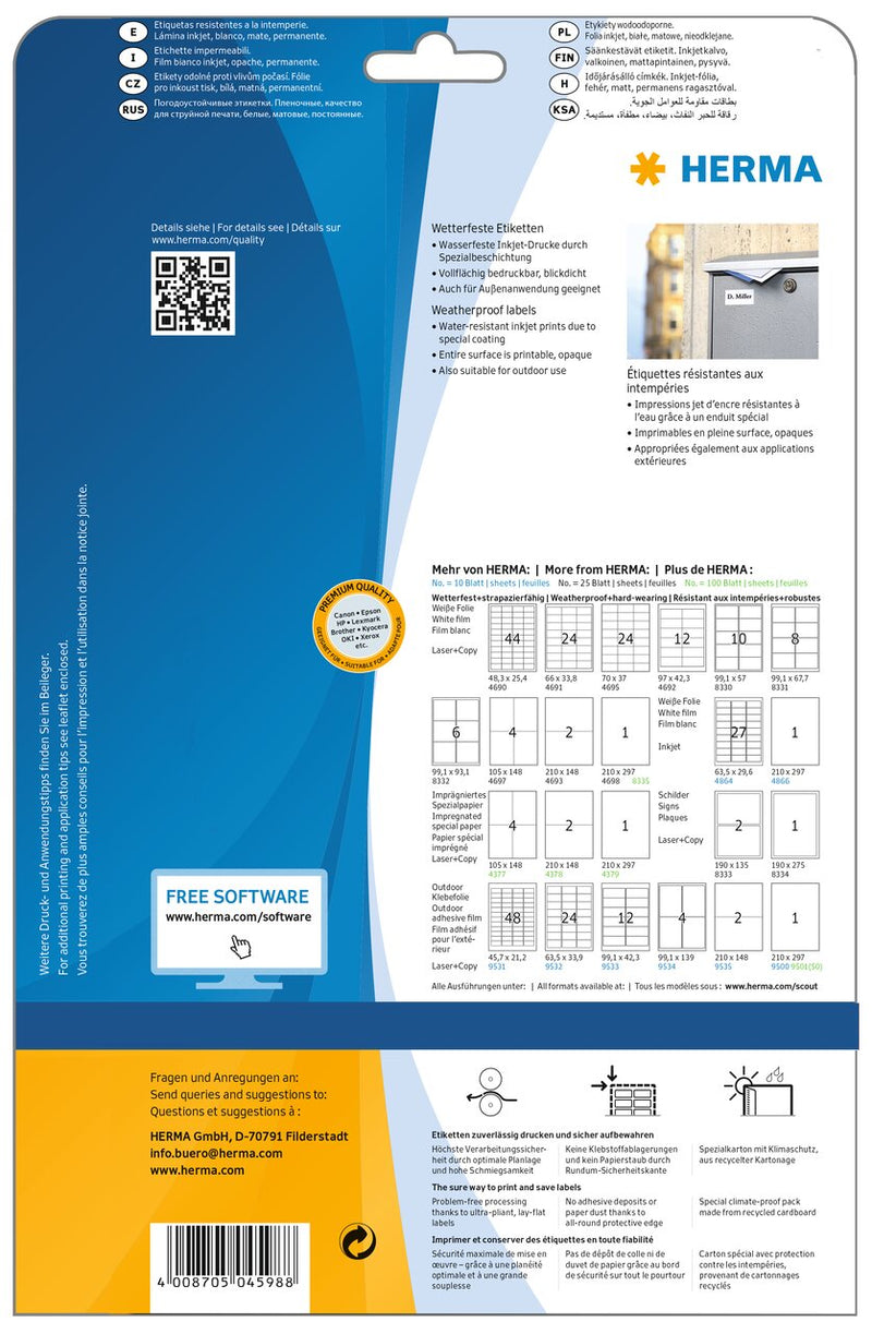 Weatherproof labels, 105 x 148mm, Inkjet, White, PP film, Permanent adhesive, A4 [40 labels]