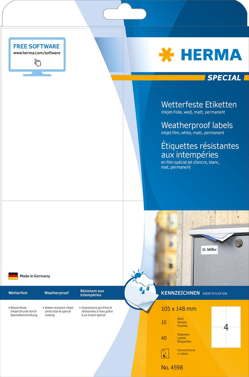 Weatherproof labels, 105 x 148mm, Inkjet, White, PP film, Permanent adhesive, A4 [40 labels]