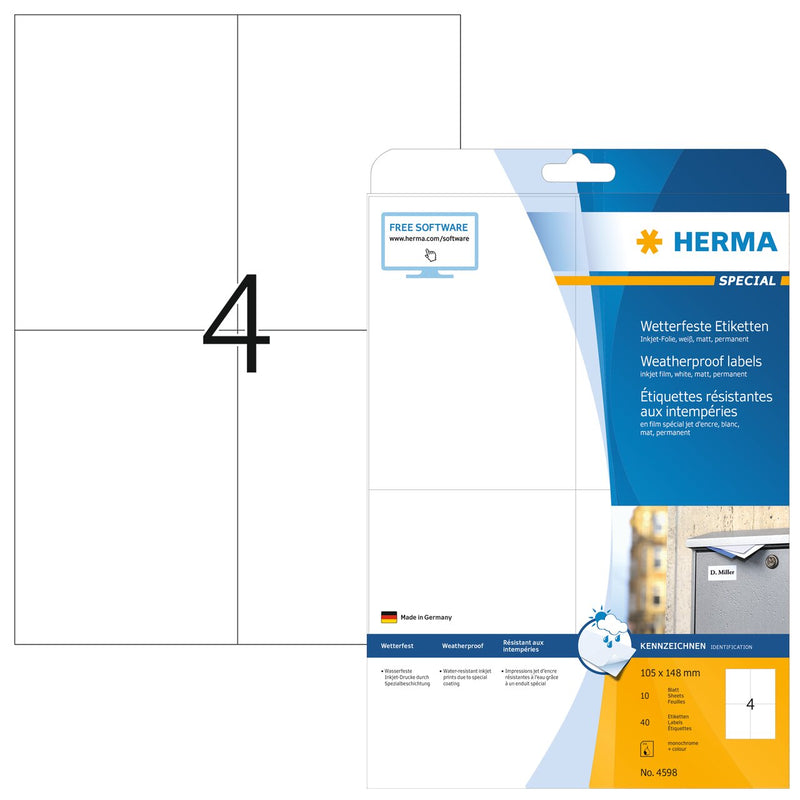 Weatherproof labels, 105 x 148mm, Inkjet, White, PP film, Permanent adhesive, A4 [40 labels]