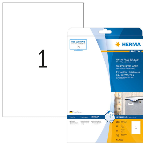 Weatherproof labels, 210 x 297mm, Inkjet, White, PP film, Permanent adhesive, A4 [10 labels]