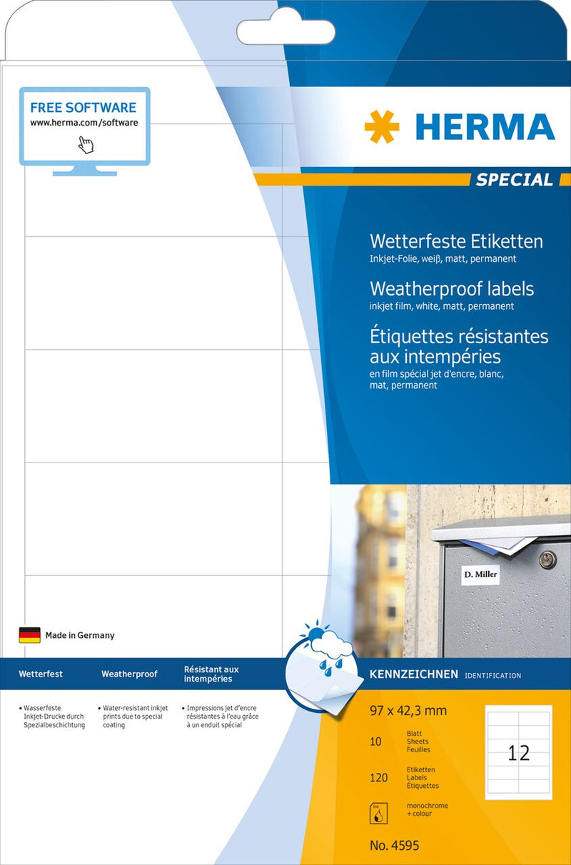 Weatherproof labels, 97 x 42 mm, Inkjet, White, PP film, Permanent adhesive, A4 [120labels]