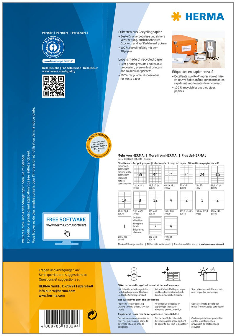 Recycled paper labels, 105 x 148mm, Natural white, Permanent adhesive, A4 [400 labels]