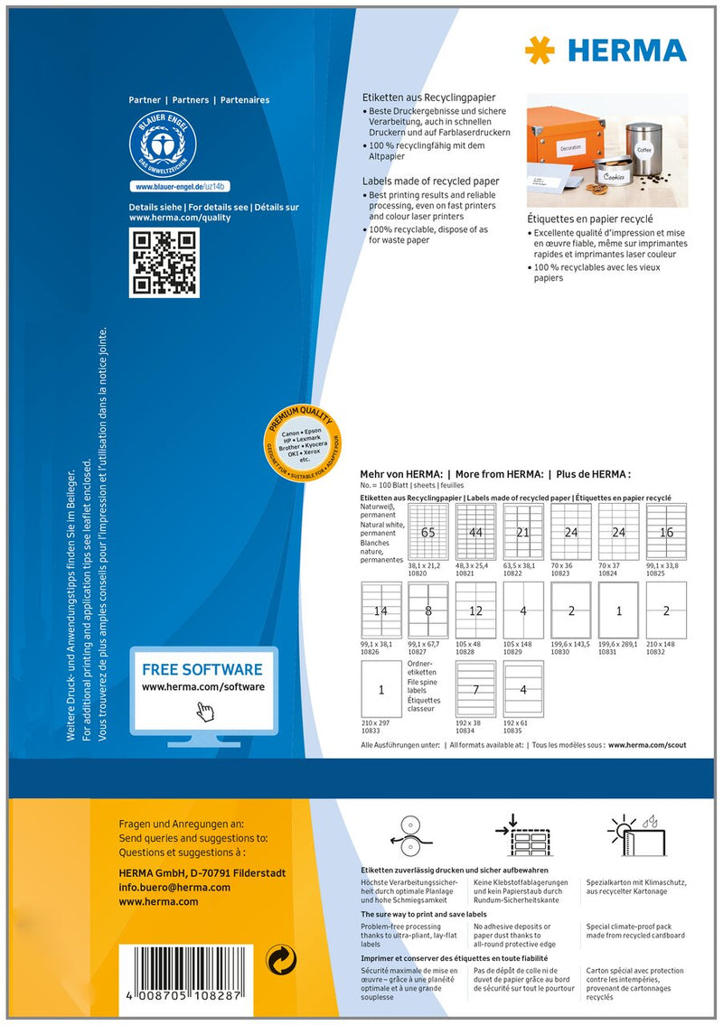 Recycled paper labels, 105 x 48mm, Natural white, Permanent adhesive, A4 [1200 labels]